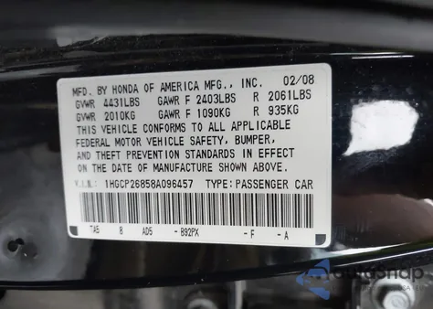 2008 Honda Accord 2.4 Ex-L from USA, damaged, VIN 1HGCP26858A096457